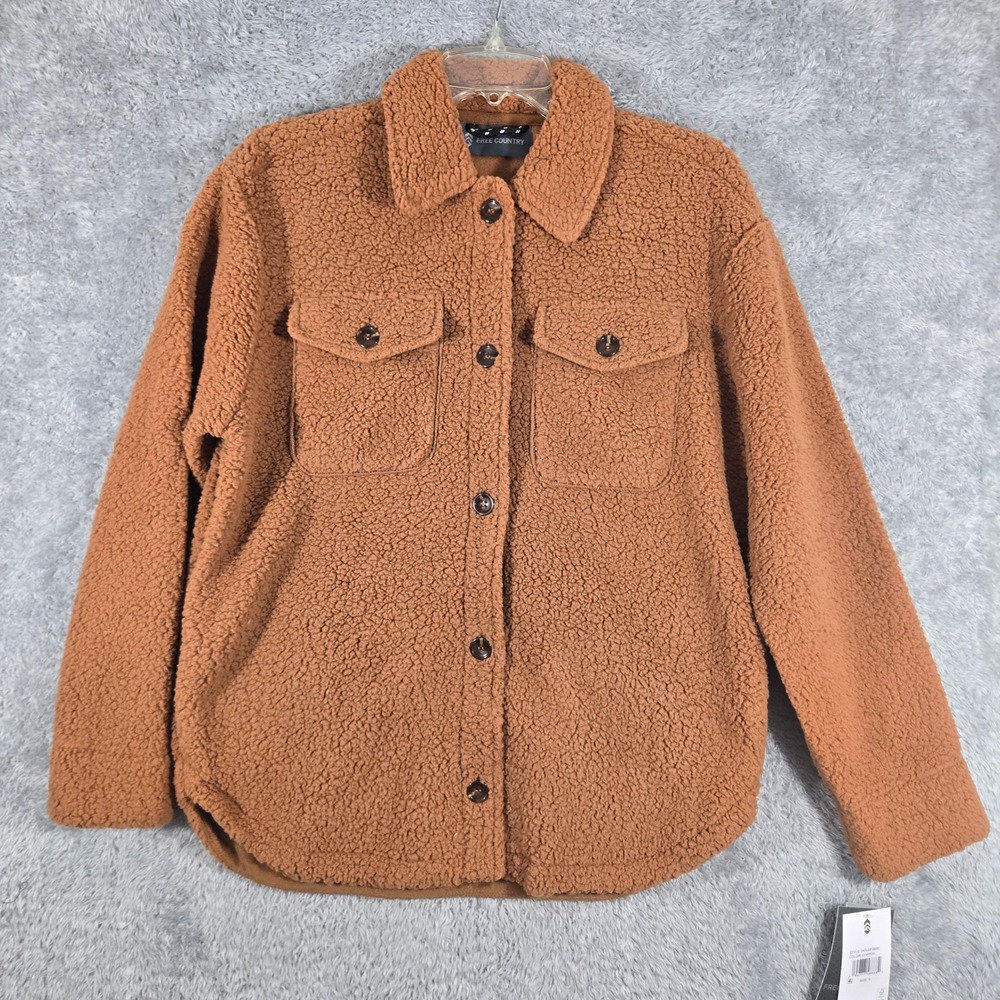 Free Country Womens Sherpa Shacket Copper Brown Faux Fur Fleece Jacket S NEW